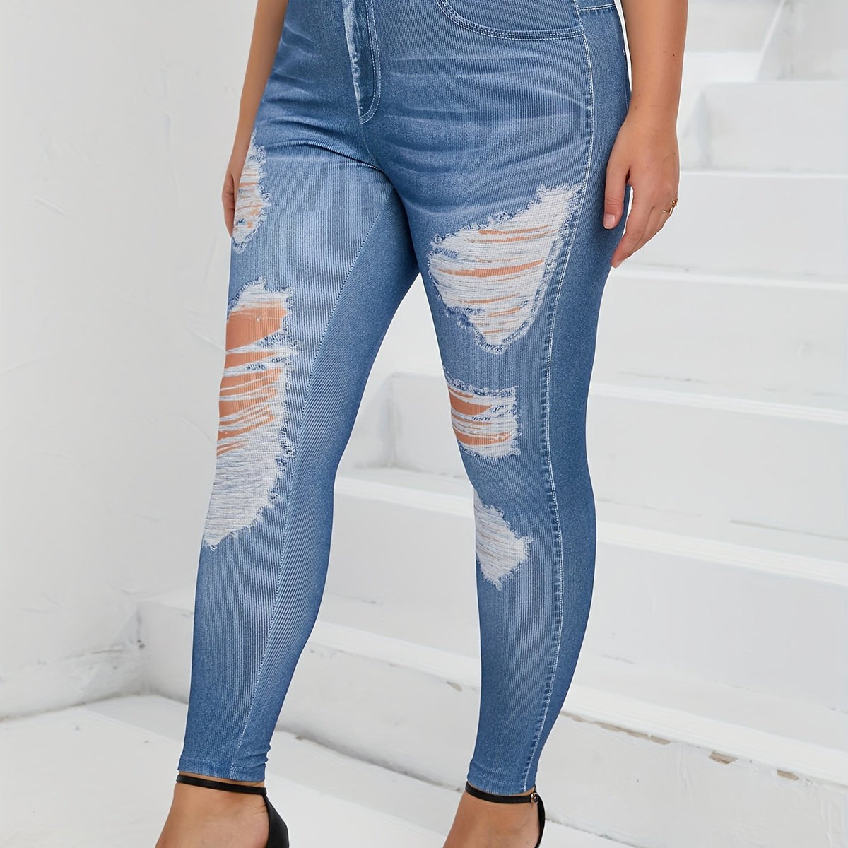  Ripped Denim Print High Rise Skinny Trousers