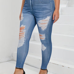  Ripped Denim Print High Rise Skinny Trousers