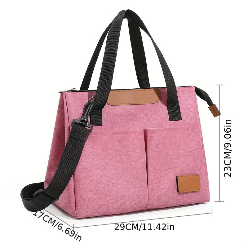 Gray Oxford Fabric Insulated Lunch Bag with Faux Leather Accents