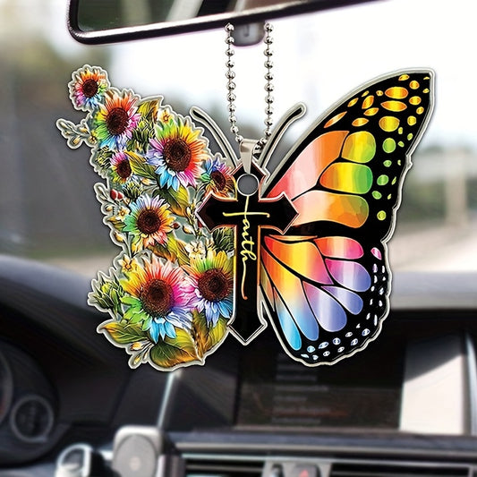 Colorful Cross Sunflower Butterfly Tag for Holiday Decor & Car Rear