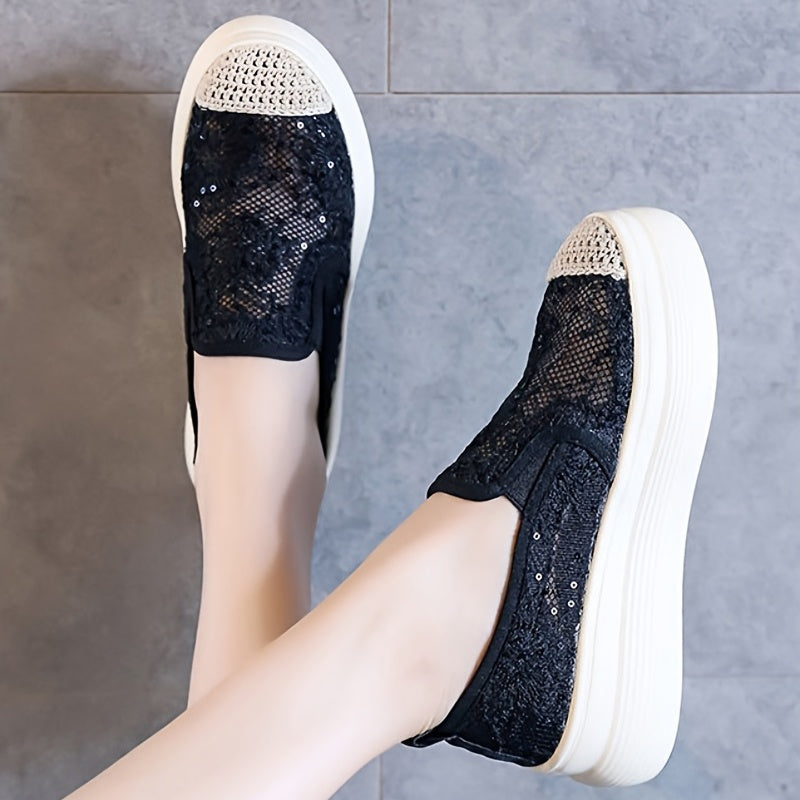Women's Platform Lace Loafers Round Toe Hollow Out Slip On Shoes