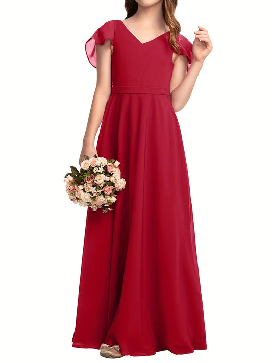 Girls Flounce Sleeve V Neck Bridesmaid Dress For Wedding