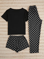 3pcs Cat & Heart Print Pajama Set Women's Loungewear Sleepwear