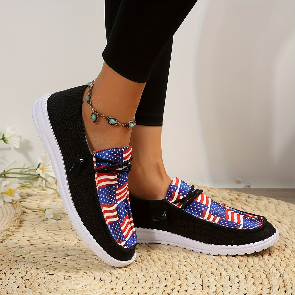 Flag Pattern Low Lace Up Flat Canvas Shoes for Women