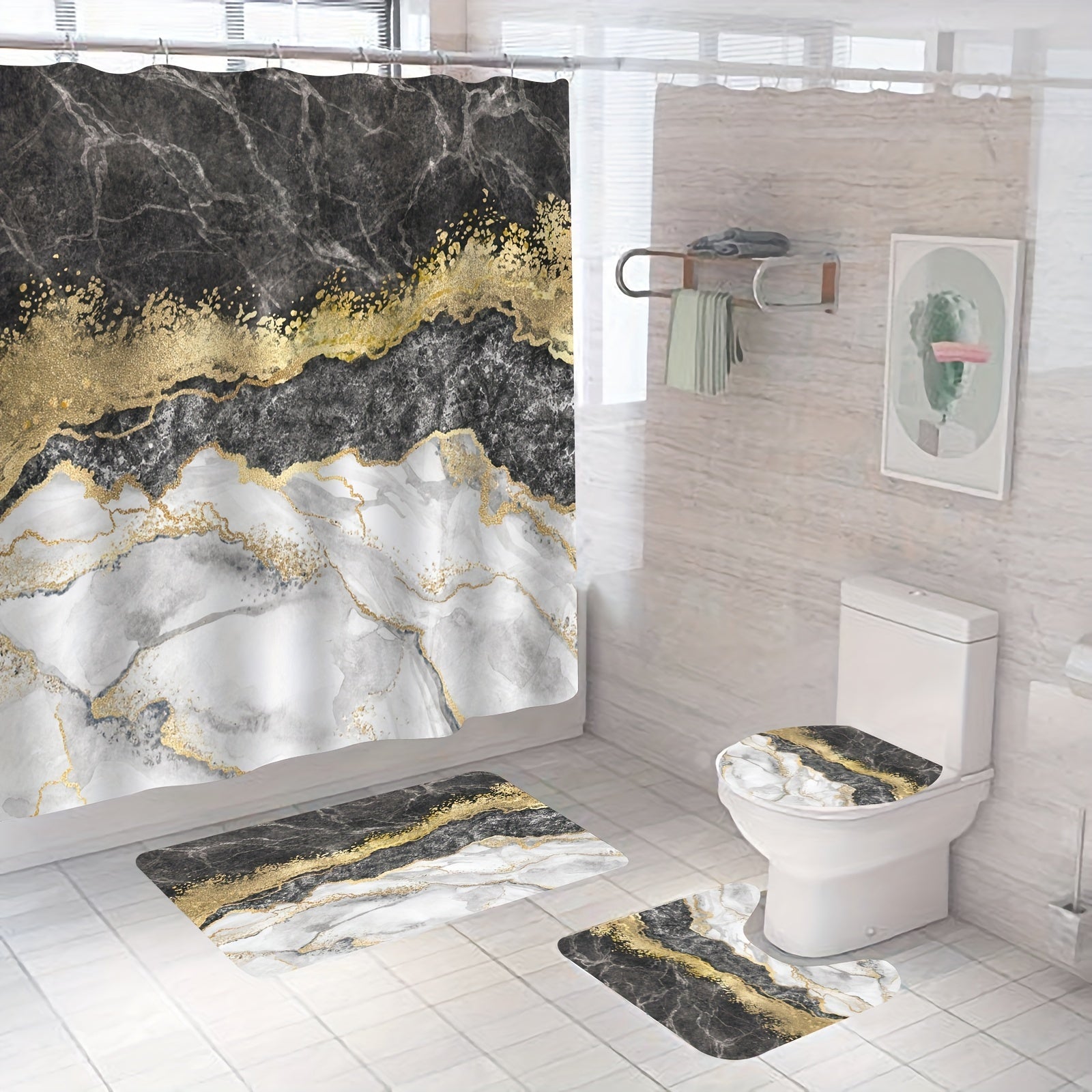 Marble Pattern Shower Curtain Set 4Pcs