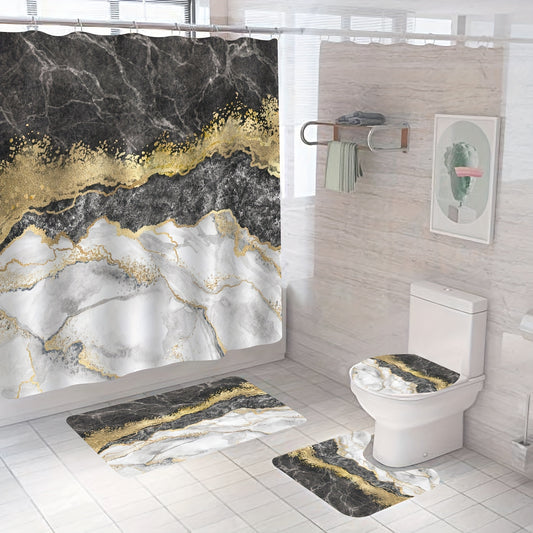 Marble Pattern Shower Curtain Set 4Pcs