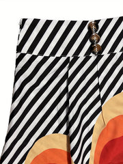  Colorblock Stripe & Cat Print Skirt