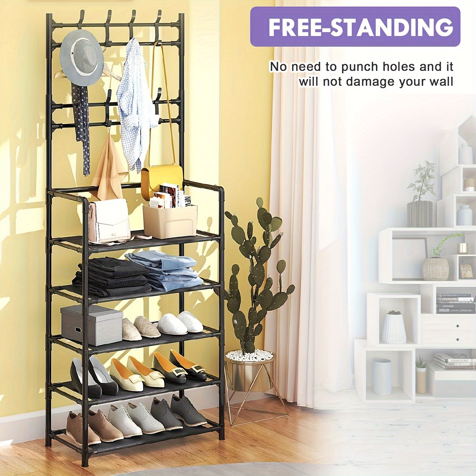 Coat Rack Shoe Storage Shelf Vertical Clothes Stand for Hats Coats Balcony