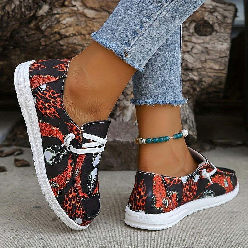 Women's Skull Pattern Canvas Shoes Lace Up Slip On Soft Sole Halloween Sneakers
