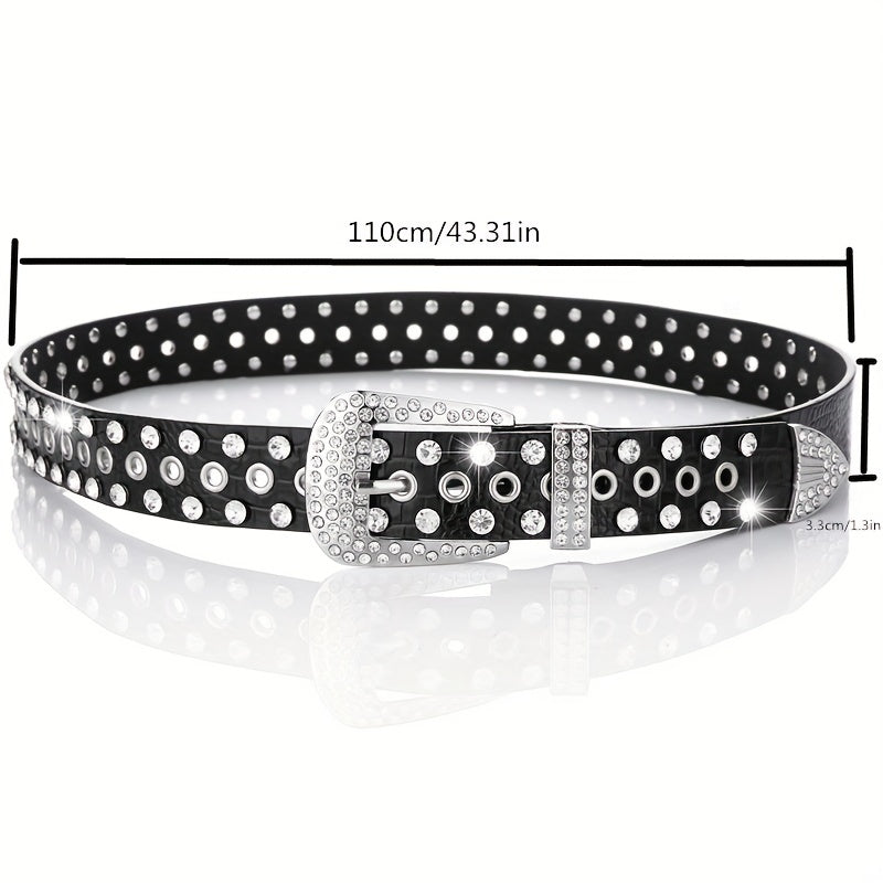 Punk Eyelet PU Belt Leopard Print Rhinestone Inlaid Hip Hop Cowboy Cowgirl Belts