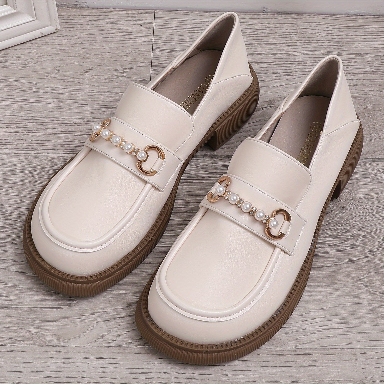 Women's Faux Pearl Loafers Retro Round Toe Solid Shoes Platform Oxford