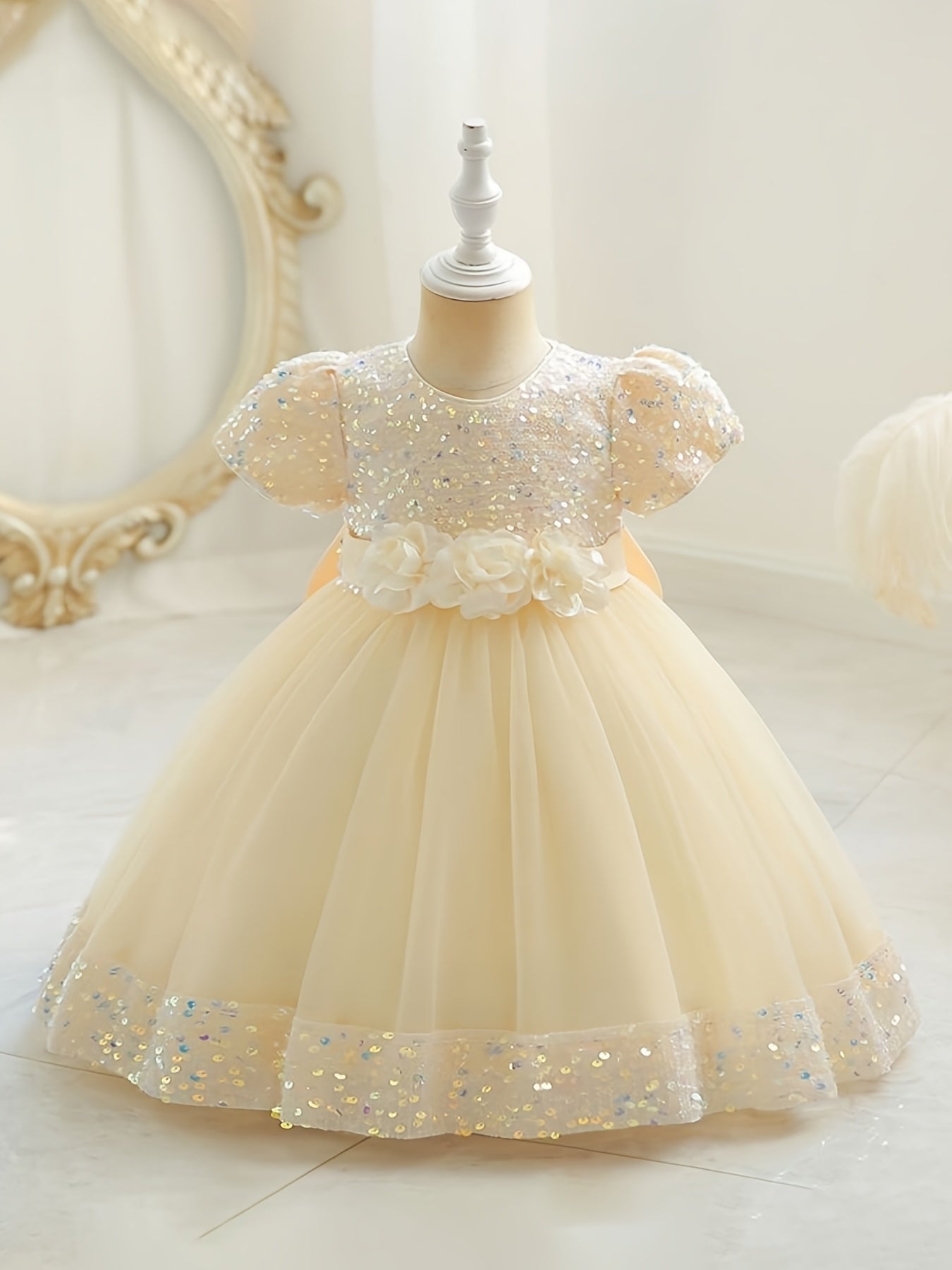 Baby Girls Flower Bowknot Decor Puff Sleeve Mesh Sequin Princess Dress