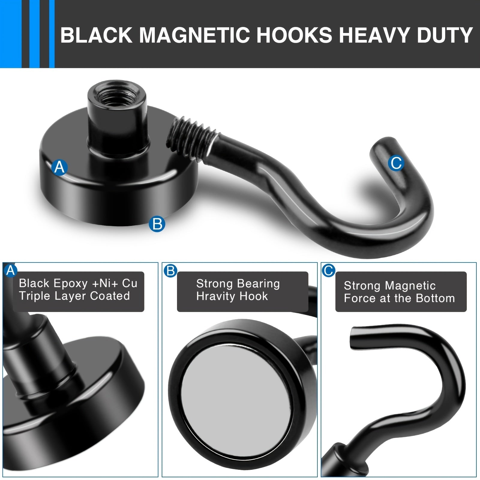 6pcs Magnetic Hooks 22Lbs Heavy Duty Epoxy Coating Office Kitchen Garage