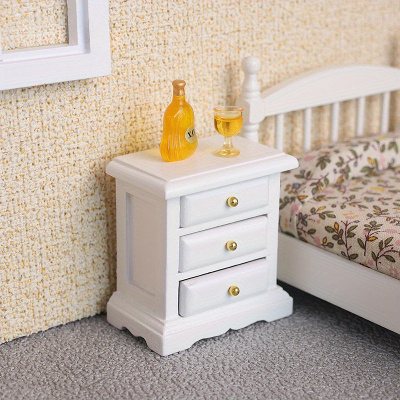 1:12 Scale Wooden Bedside Table w/ 3 Drawers Red