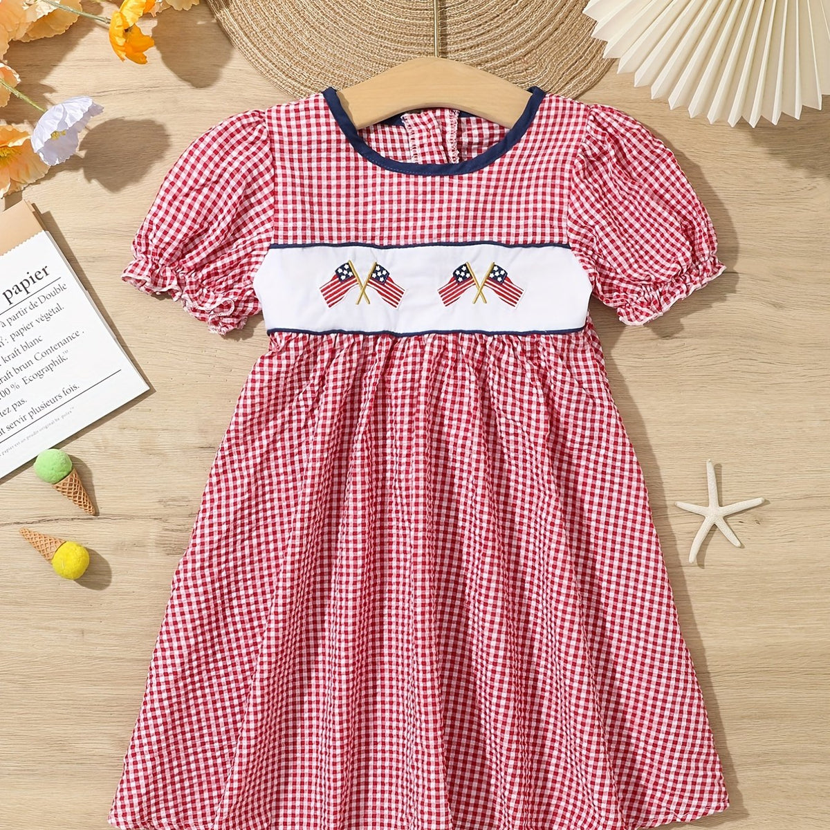 Toddler Girls Plaid Short Sleeve Embroidery Crew Neck Dress