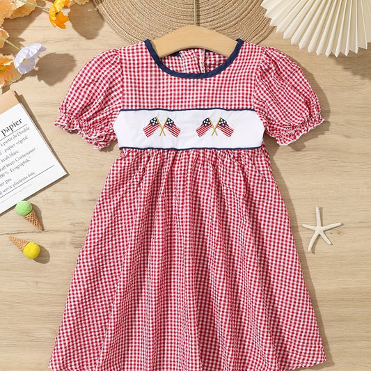 Toddler Girls Plaid Short Sleeve Embroidery Crew Neck Dress