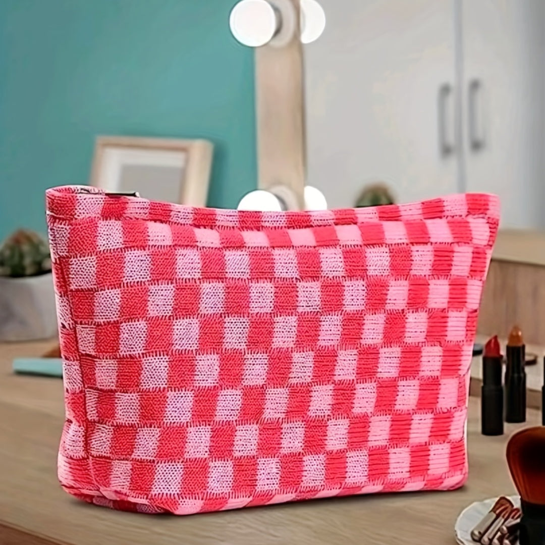 Grid Print Large Cosmetic Bag Travel Toiletry Bag Handbag Gift For Women Girls