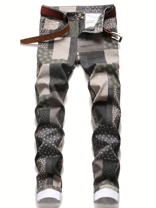 Y2K Plaid Patchwork Slim Fit Jeans Men's Casual Denim Pants