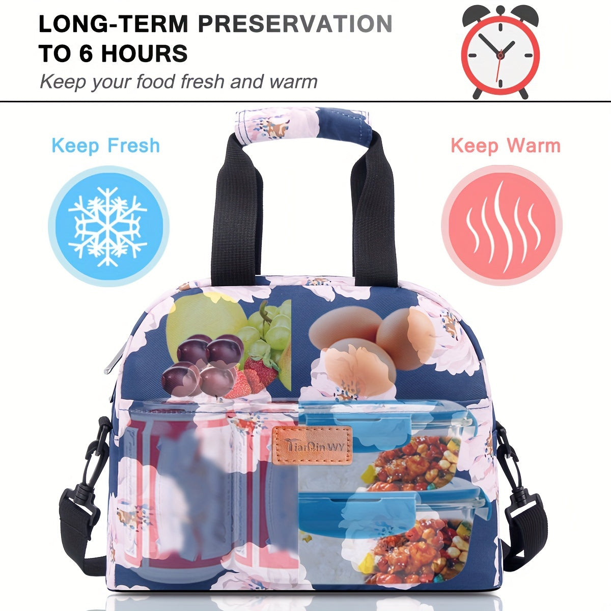 Insulated Shoulder Bag with Pink Flower