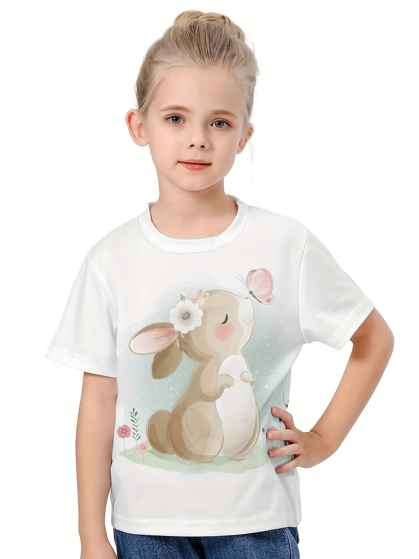3D Sweet Bunny Graphic Short Sleeve T shirt for Girls Boys