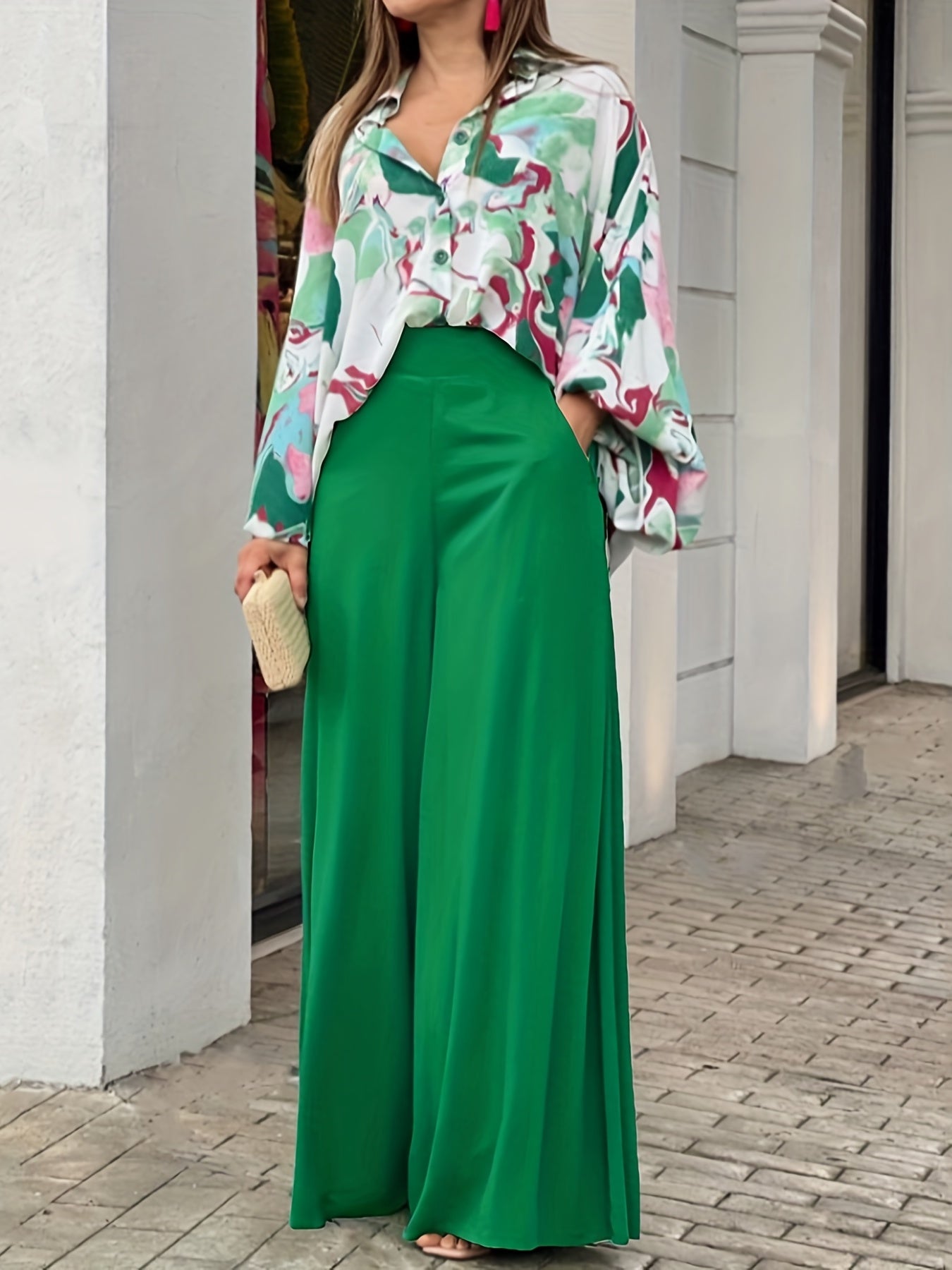 Tie Dye Batwing Sleeve Blouse & High Waist Pantsuits