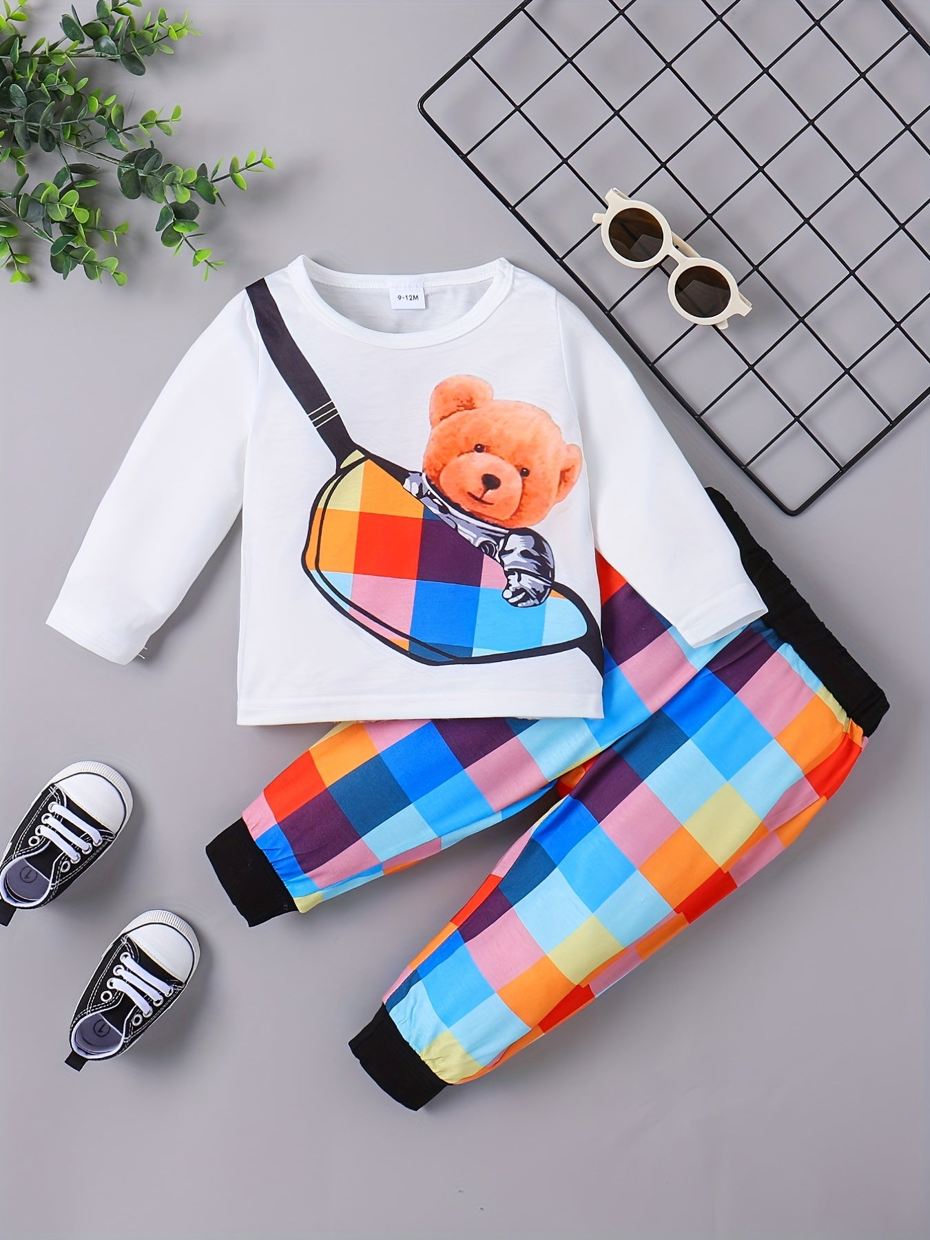 Preppy Kids Bear Graphic T-shirt & Plaid Shorts Set