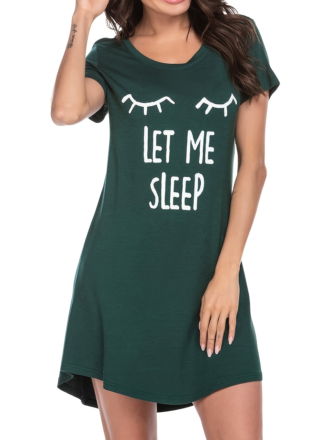 Letter Print NightDress Short Sleeve Crew Neck Pajama Dress