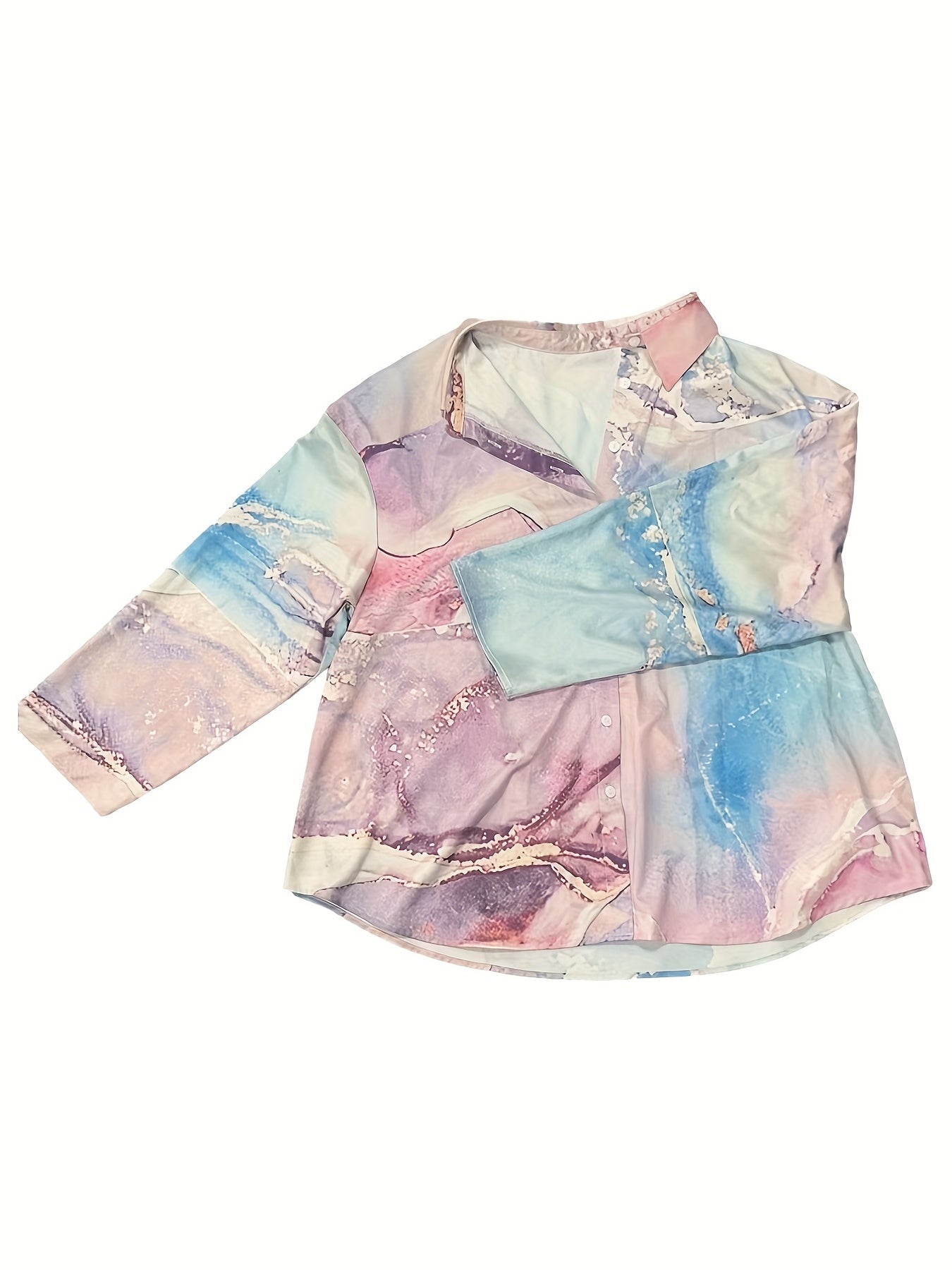  Women's Marble Print Long Sleeve Button Up Shirt Top