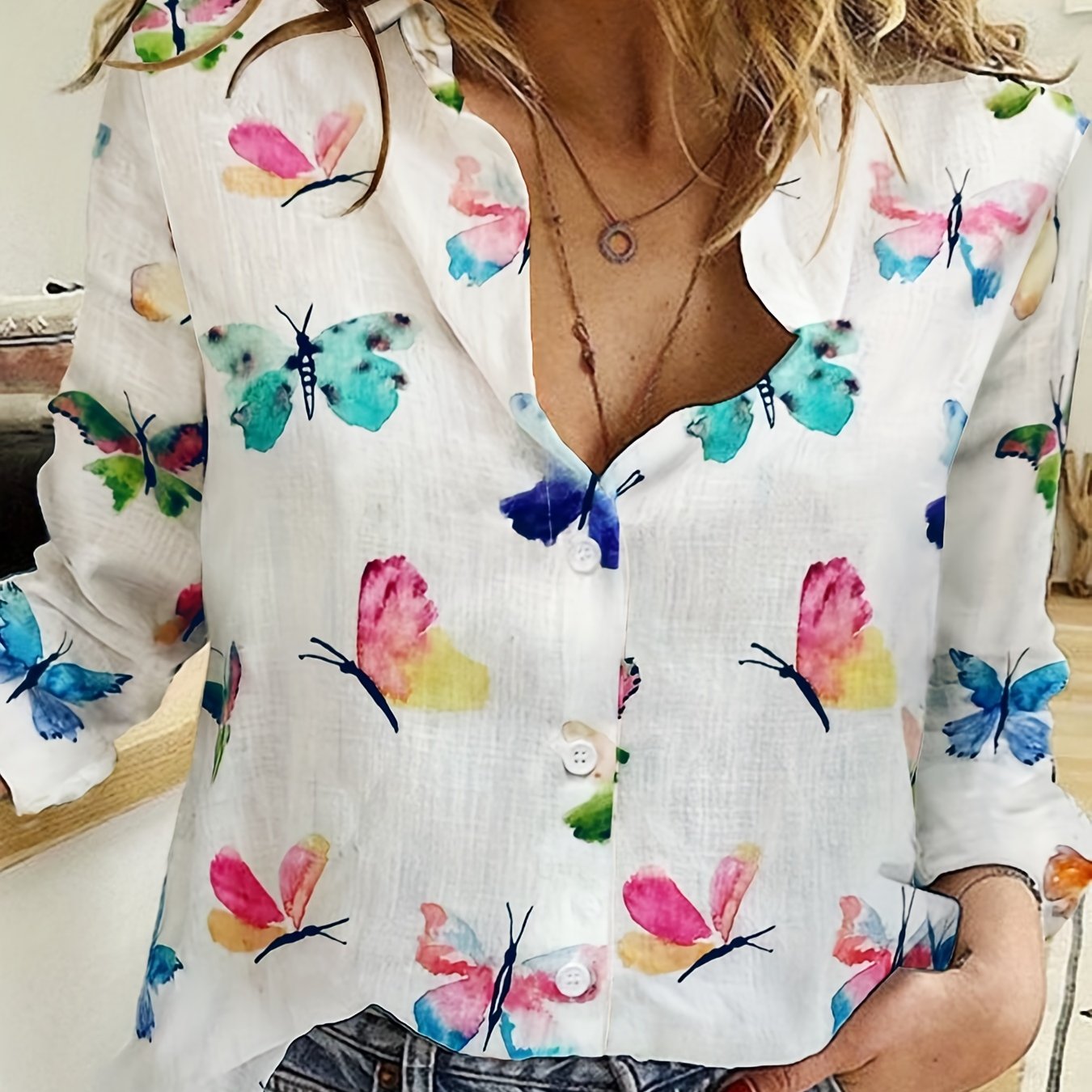  Butterfly Print Button Up Long Sleeve Blouse