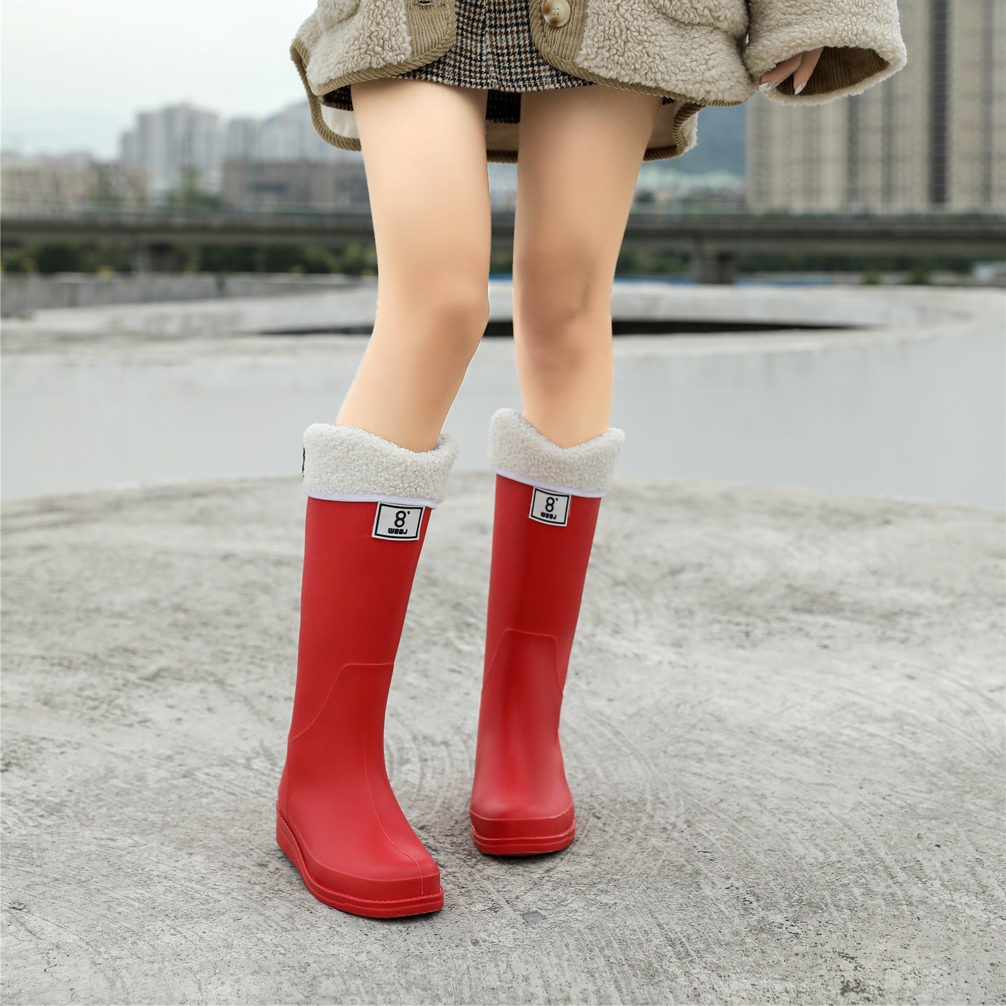 Red Fleece Liner Rain Boots Waterproof Slip on High Boots