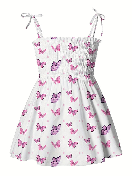 Girls Butterfly Graphic Shirred Puffy Cami Dress Summer Clothes