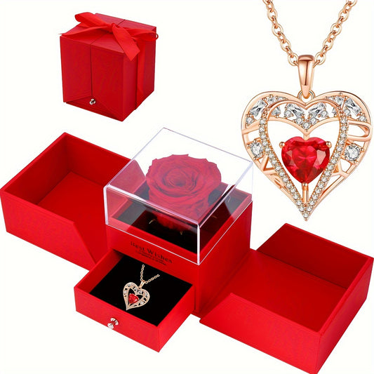 Heart Rose Pendant Necklace with CZ for Couples