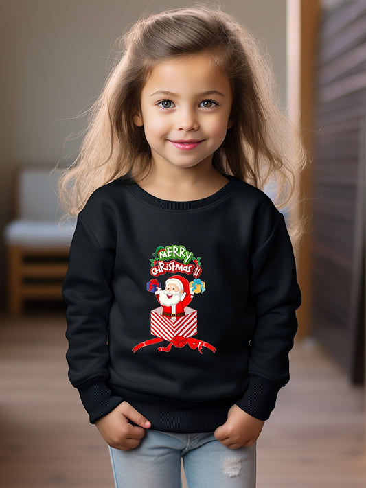 Christmas Santa Print Girls Sweatshirt Crew Neck Tops