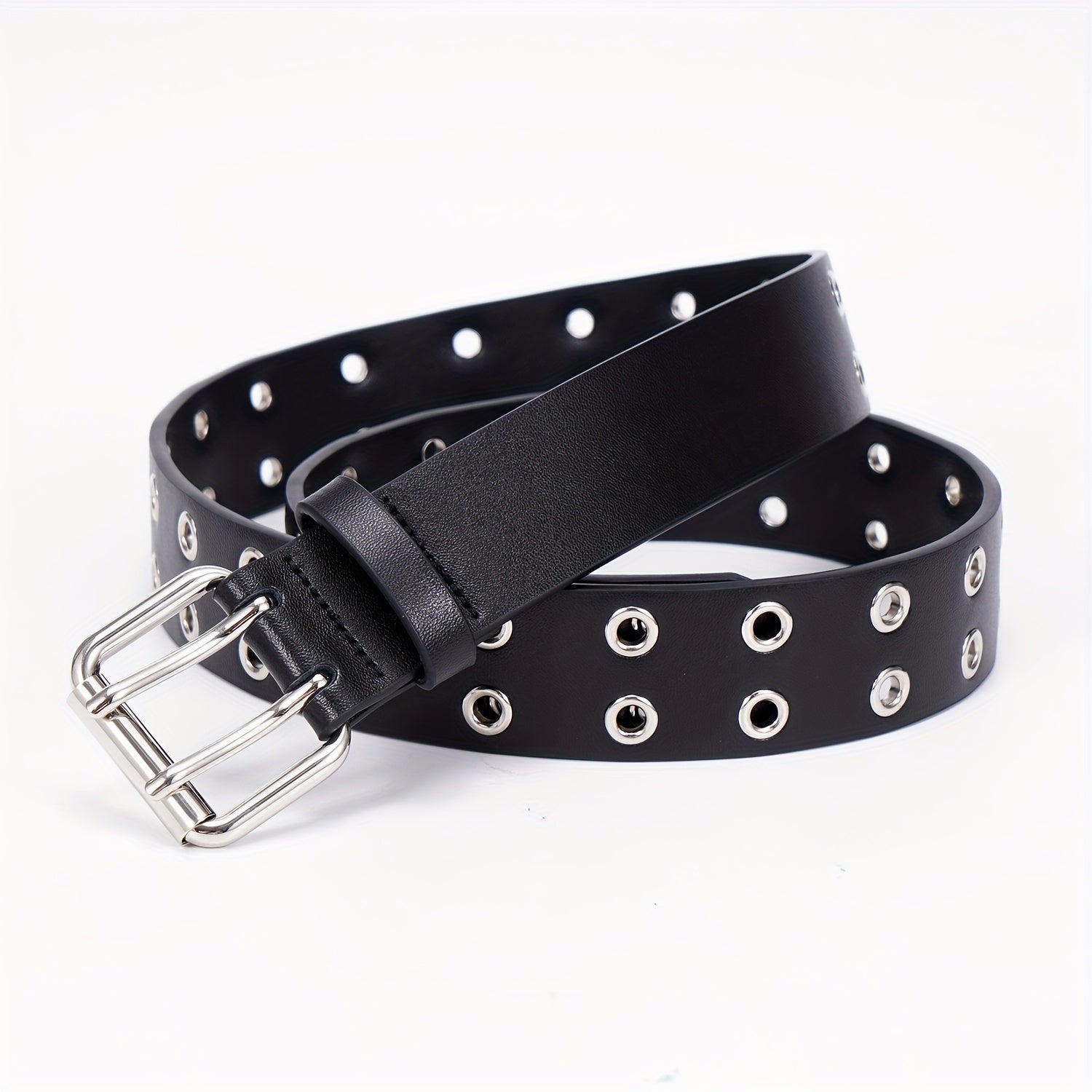 Leather Metal Eyelet Belt Double Pin Buckle Casual Punk Rock Belt