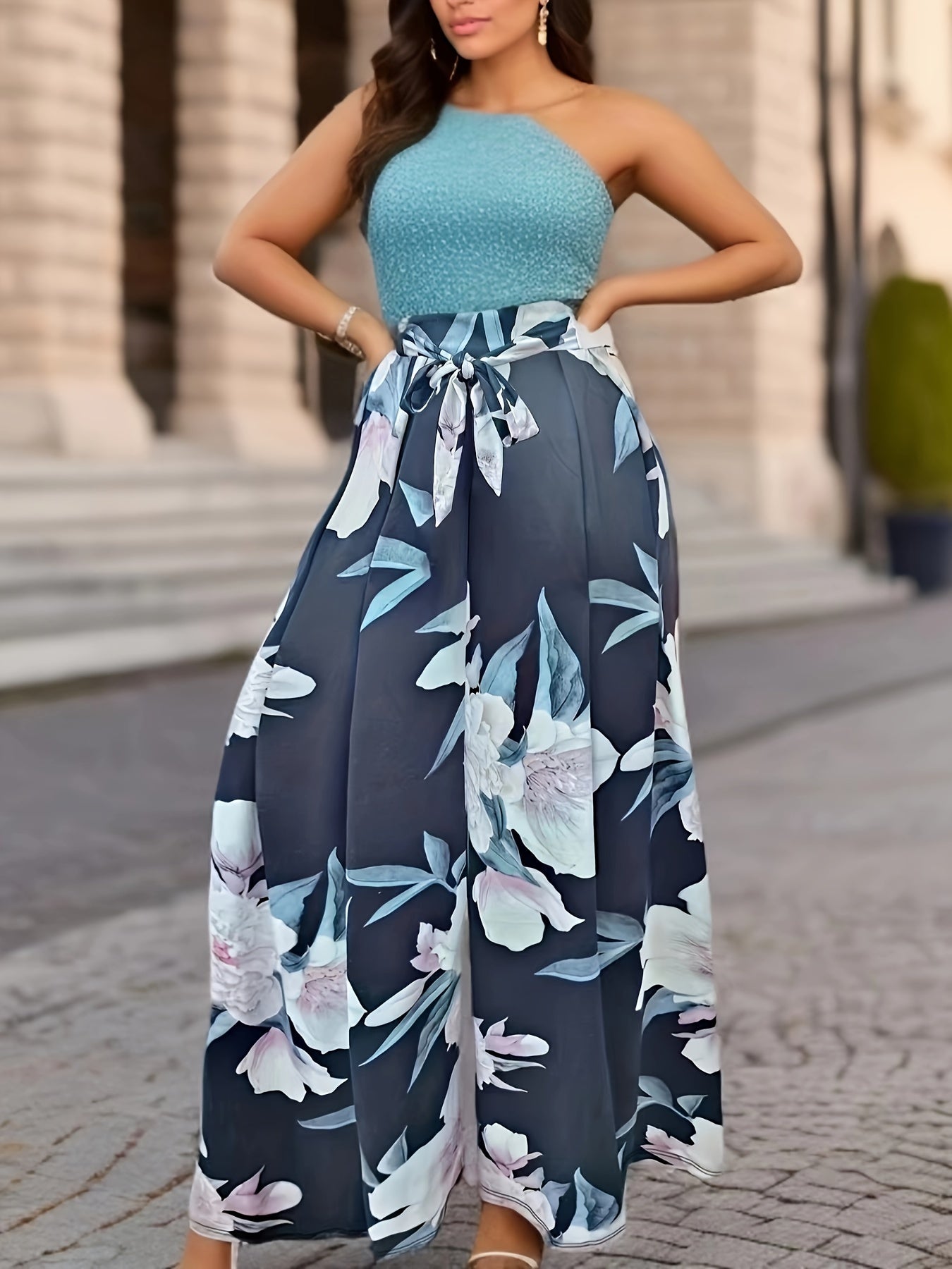  Women's Floral Print Wide Leg Trousers With Belt