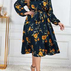 Floral Print Lantern Sleeve Dress with Belt