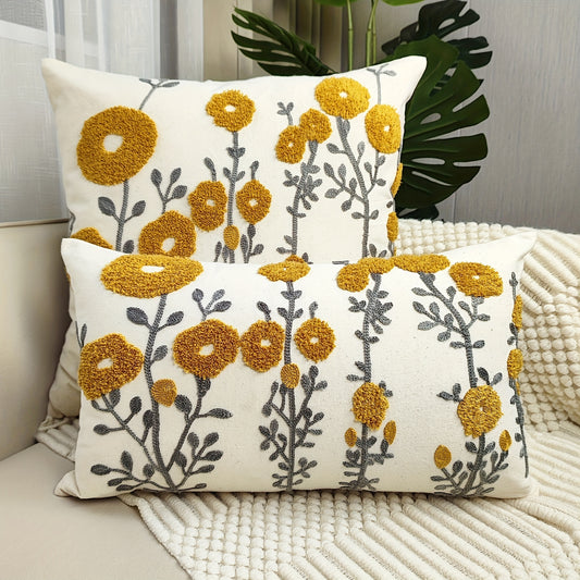 Boho Floral Tufted Throw Pillow Cover Embroidered Cotton Cushion for Couch Bed