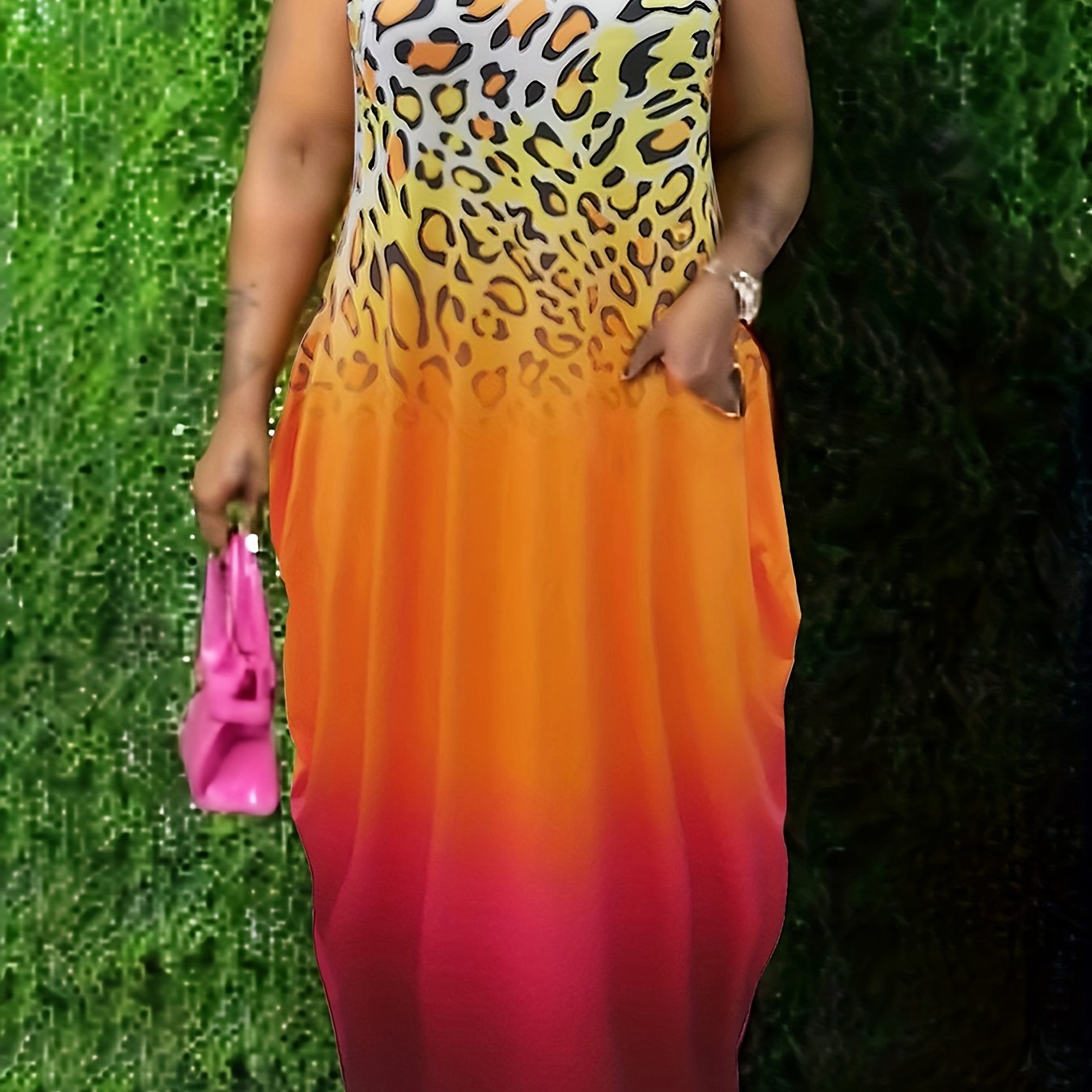  Ombre & Leopard Print V Neck Maxi Dress With Pockets