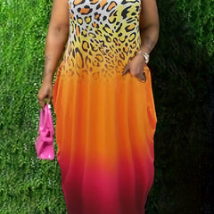  Ombre & Leopard Print V Neck Maxi Dress With Pockets