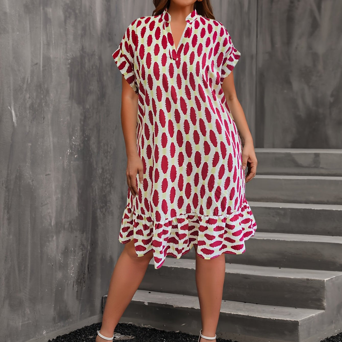  Causal Dress Women's Plus Allover Print Roll Up Batwing Sleeve Dress