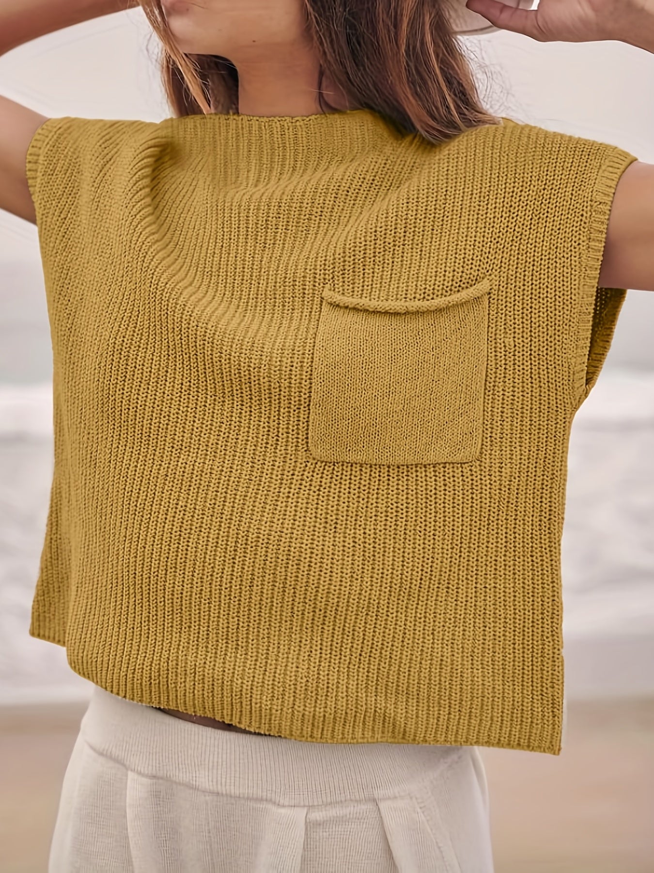 Women's Solid Sweater Vest Casual Crew Neck Short Sleeve