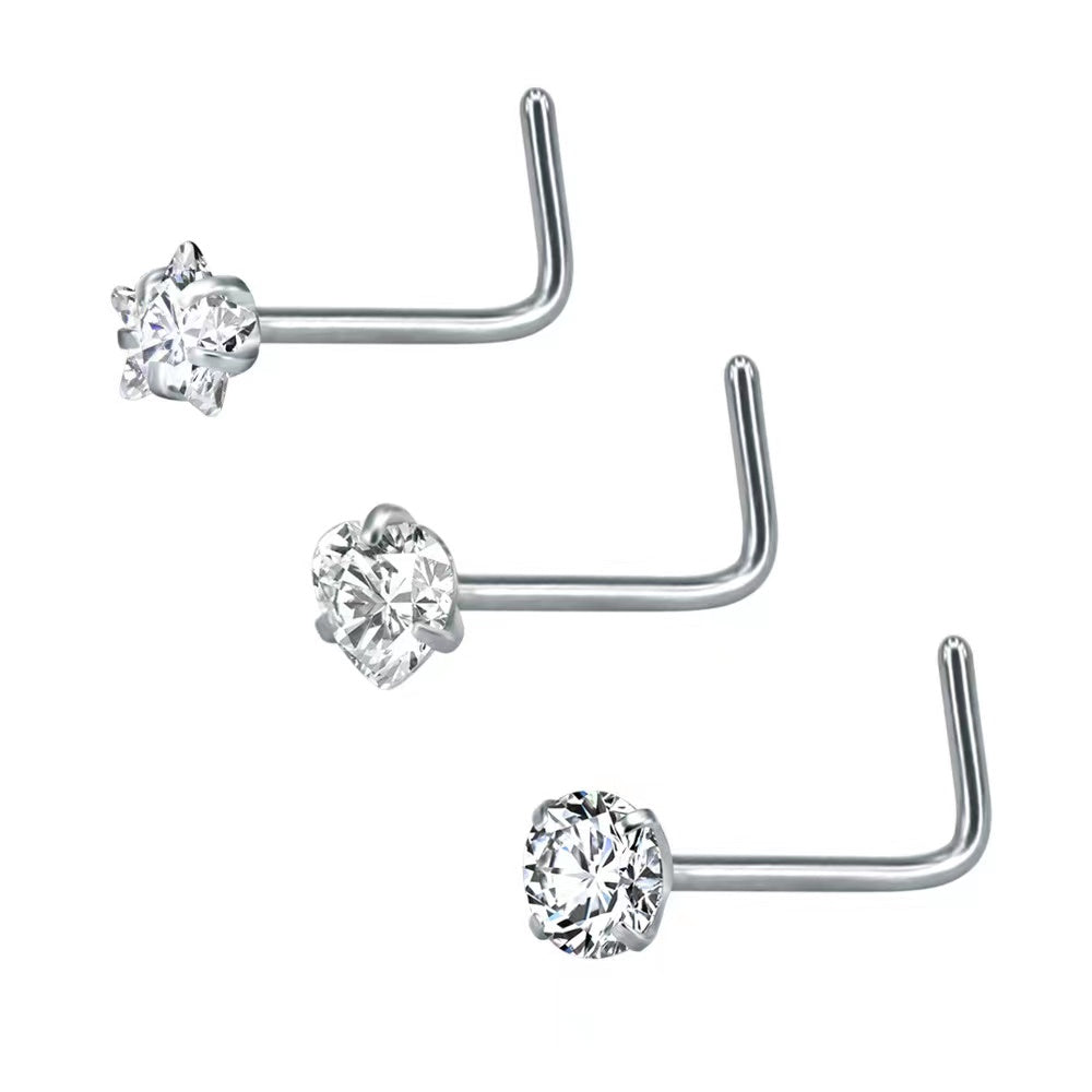3 Pcs Heart Star Round Zircon Nose Rings Set Stainless Steel Cartilage Stud