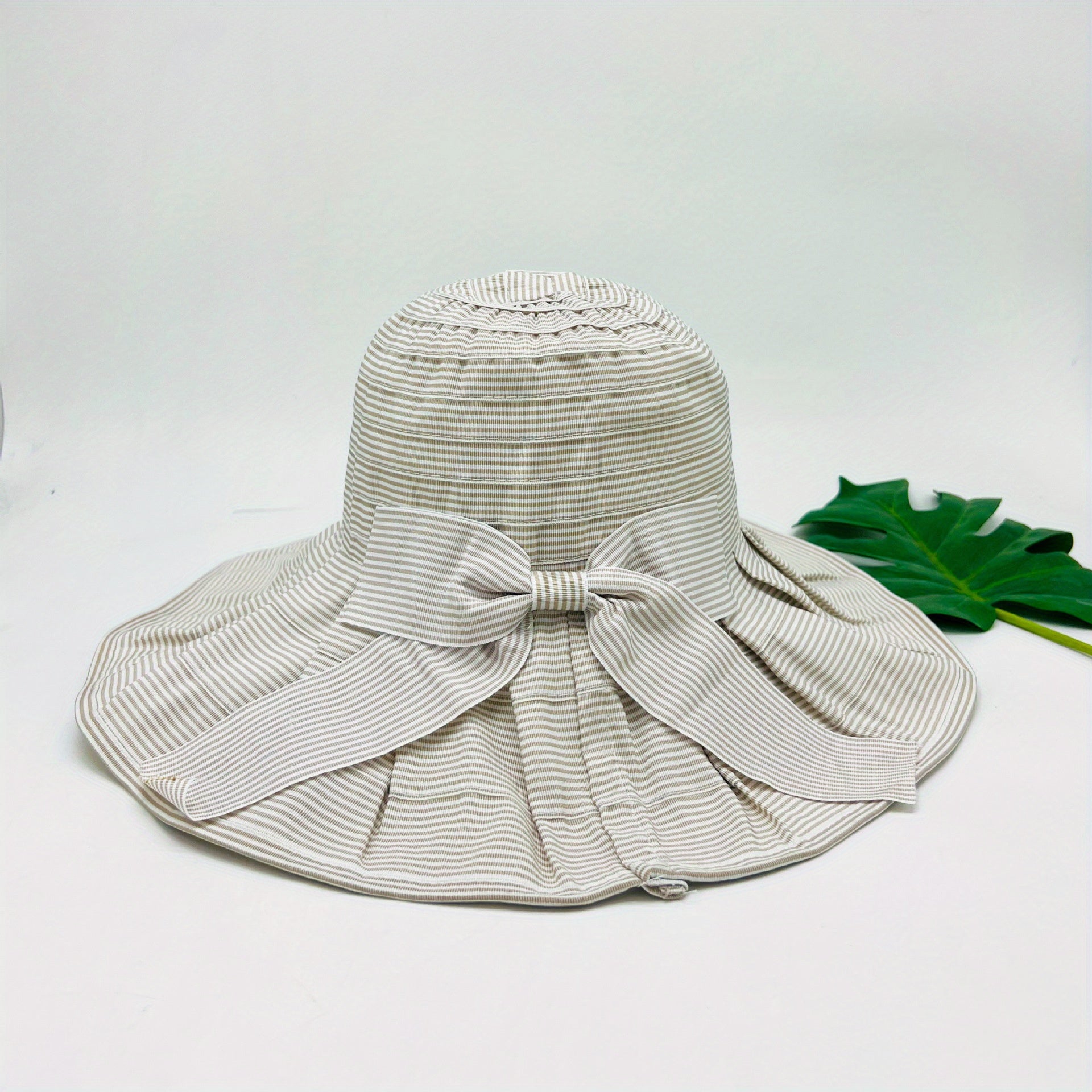 Striped Bucket Hat Wide Brim Bowknot Decor UV Protection Travel Beach Hat