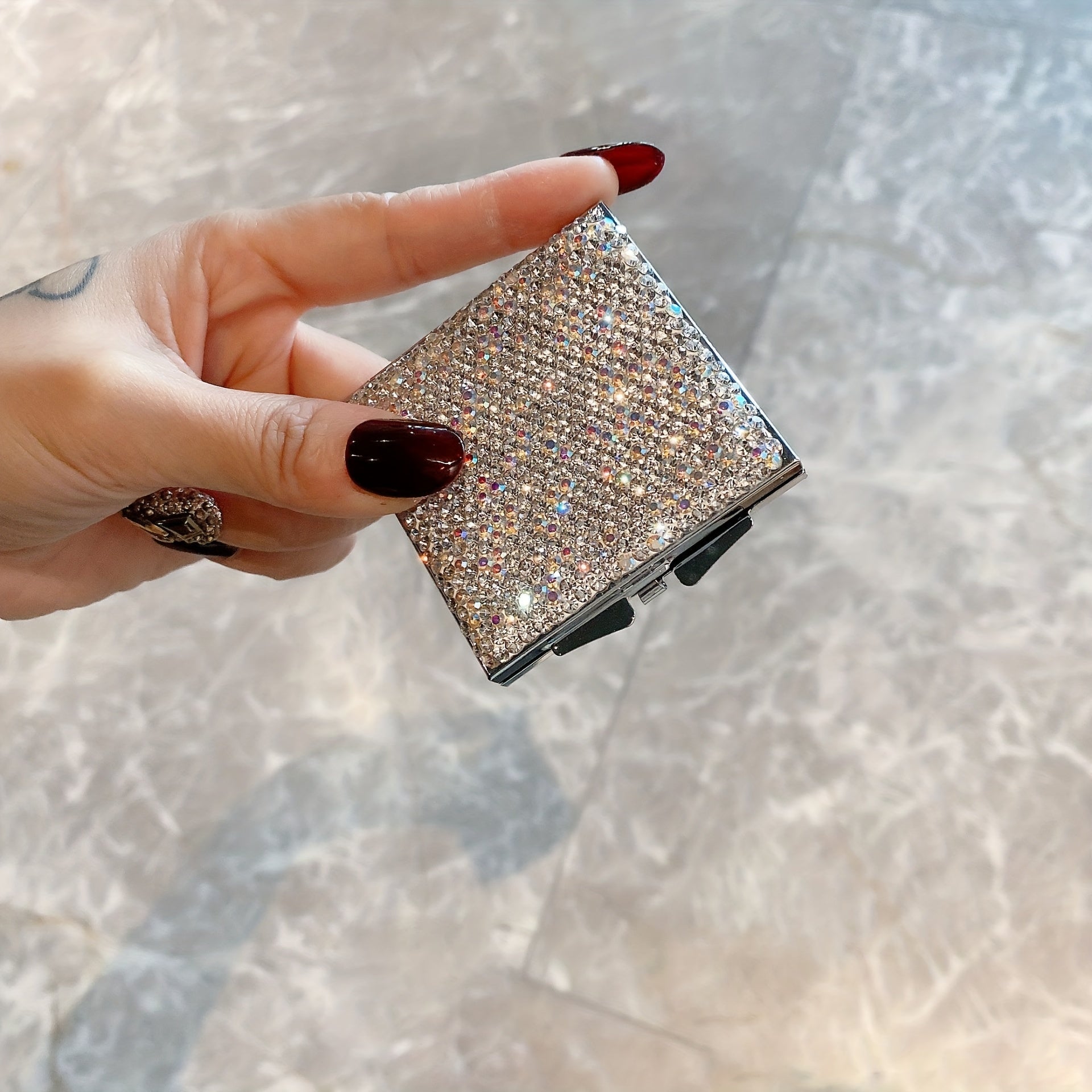 Rhinestone Decor Makeup Mirror Double Side Folding Square Mini Vanity Mirror