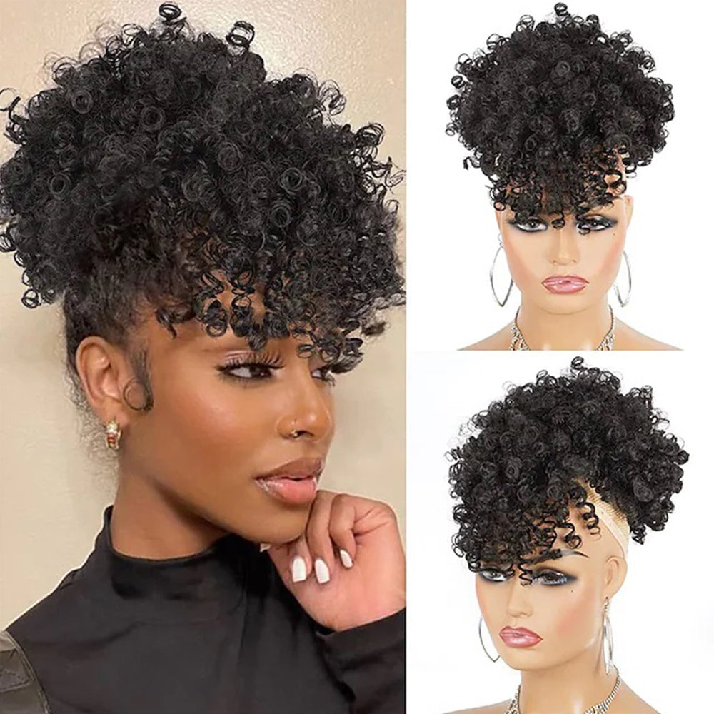 Kinky Curly Hair Afro Puff Ponytail with Bangs