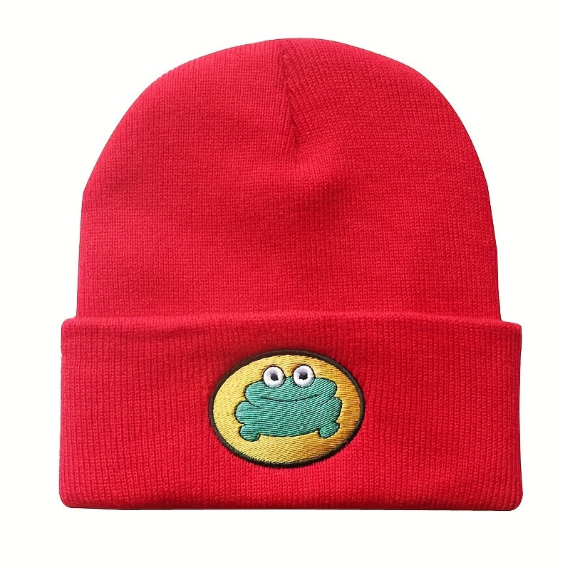 Cartoon Frog Embroidery Beanie Hat Warm Unisex Ski Cap