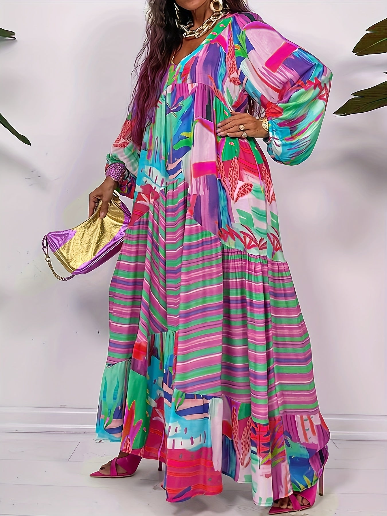  Allover Print Lantern Sleeve V Neck Maxi Dress
