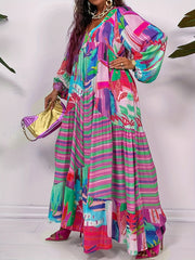  Allover Print Lantern Sleeve V Neck Maxi Dress