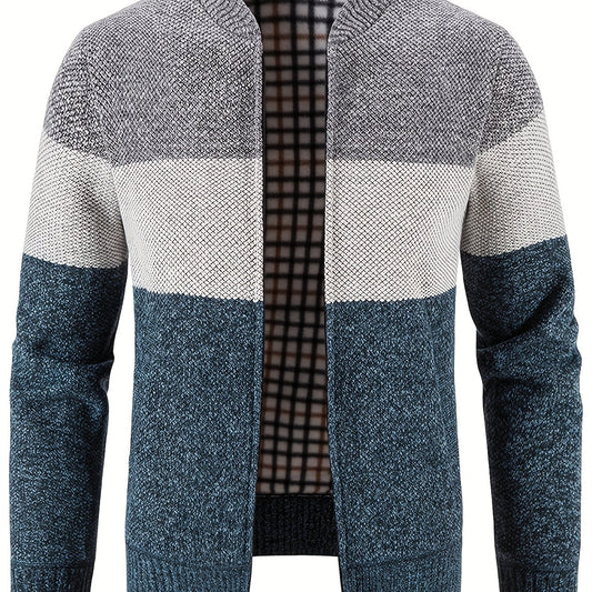 Men's Casual Fleece Jacket Warm Zip Up Knitted Cardigan