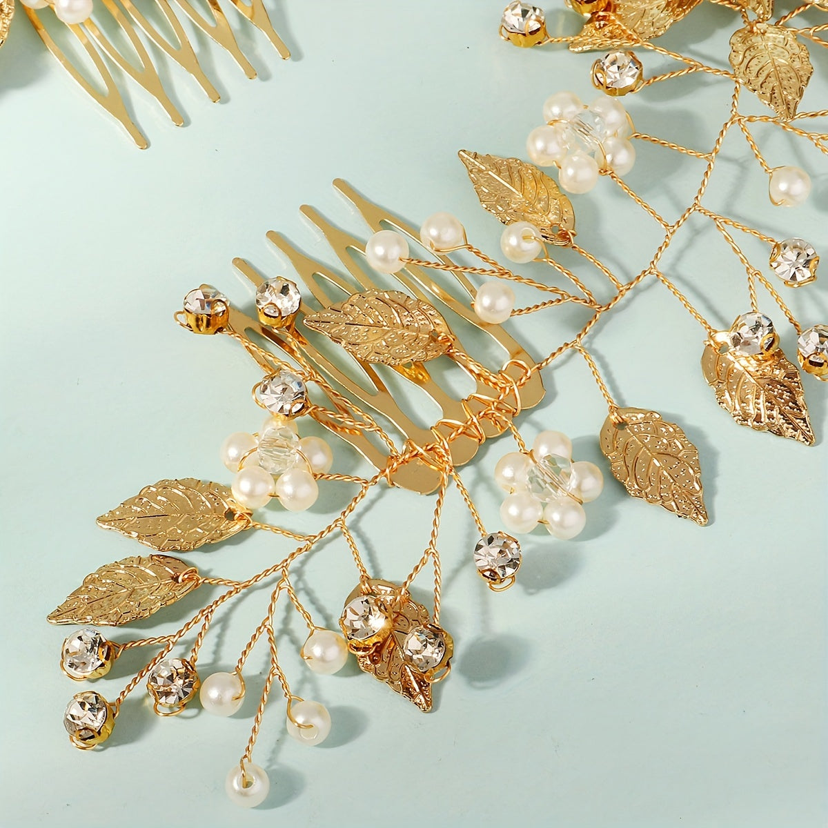 Vintage Forest Style Leaf Hair Comb with Pearl and Rhinestone for Photography